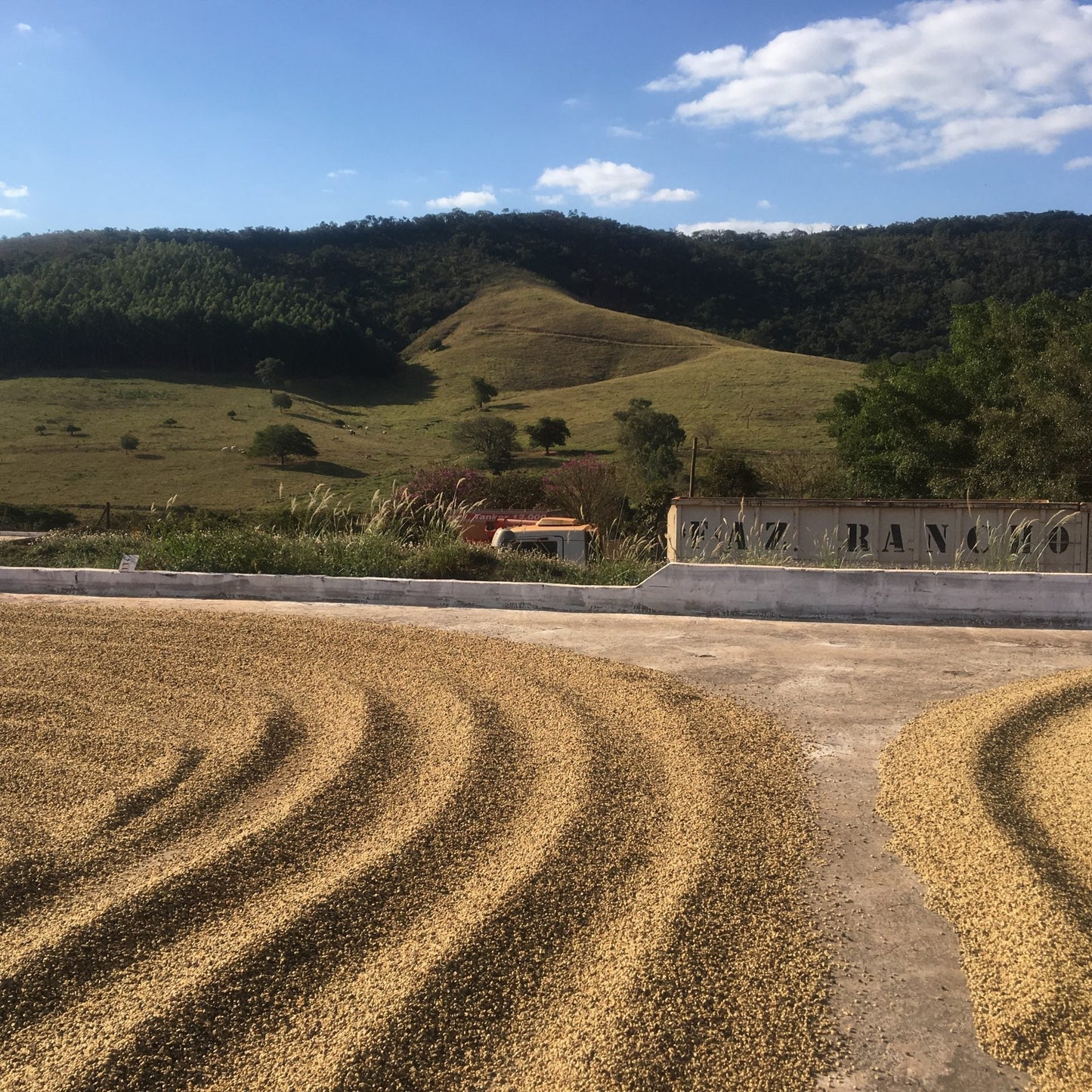 Agricultural field with raked soil and a sign in the background