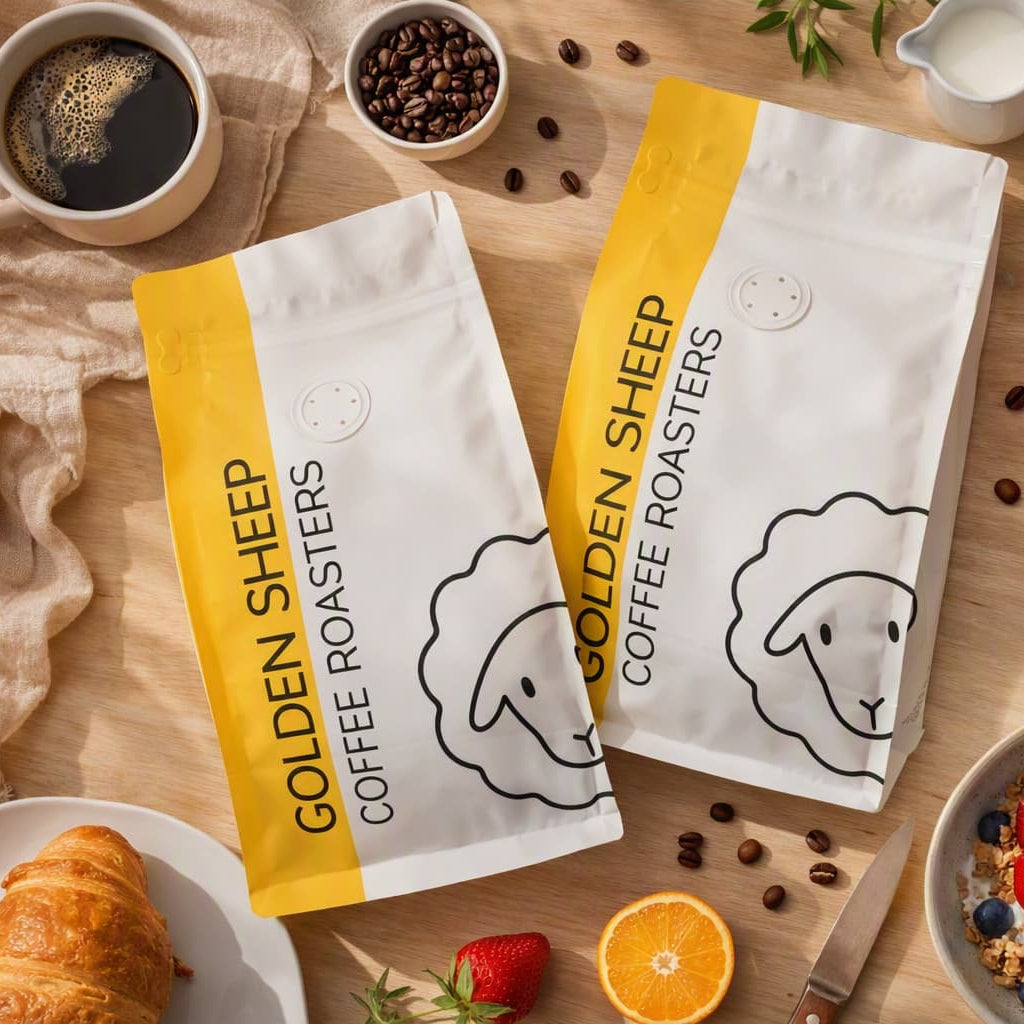 Two bags of Golden Sheep Coffee on a wooden table surrounded by breakfast items such as coffee, a croissant and granola