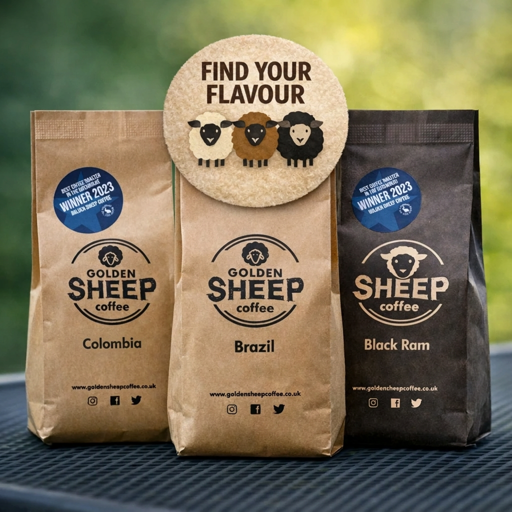 Three Golden Sheep Coffee bags with a decorative disc in the center on a blurred green background.