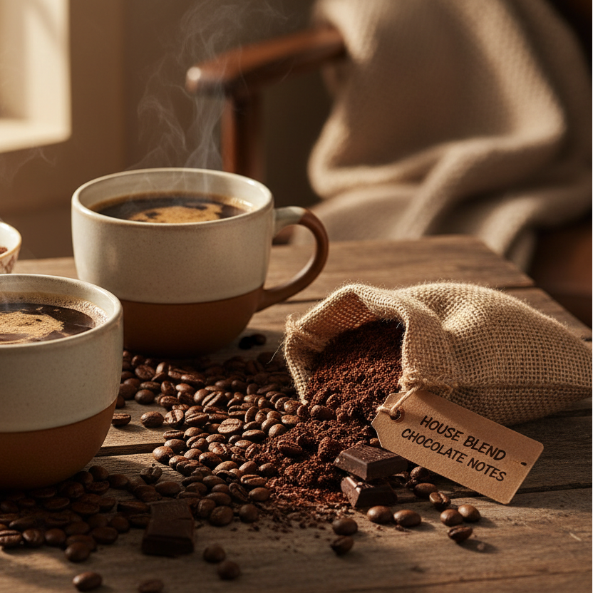 Two coffee mugs on a wooden table with coffee beans and a bag of coffee.