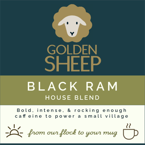 Golden Sheep Black Ram House Blend coffee packaging on a dark green background
