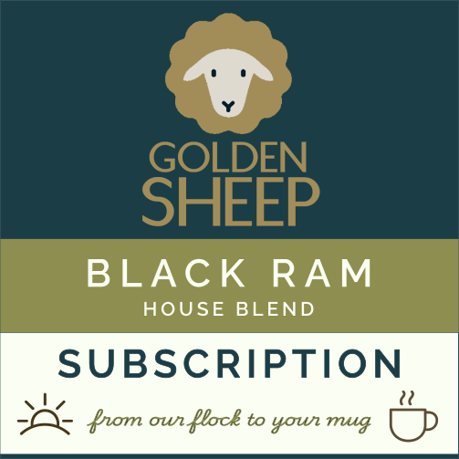 Logo of Golden Sheep with text about a black ram house blend subscription on a blue and green background
