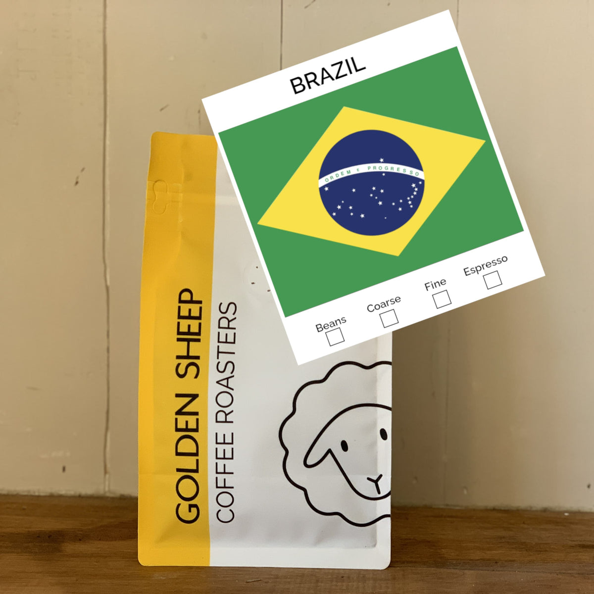 Brazil single-origin coffee with toffee and chocolate notes, in a Golden Sheep coffee bag, roasted in Stroud