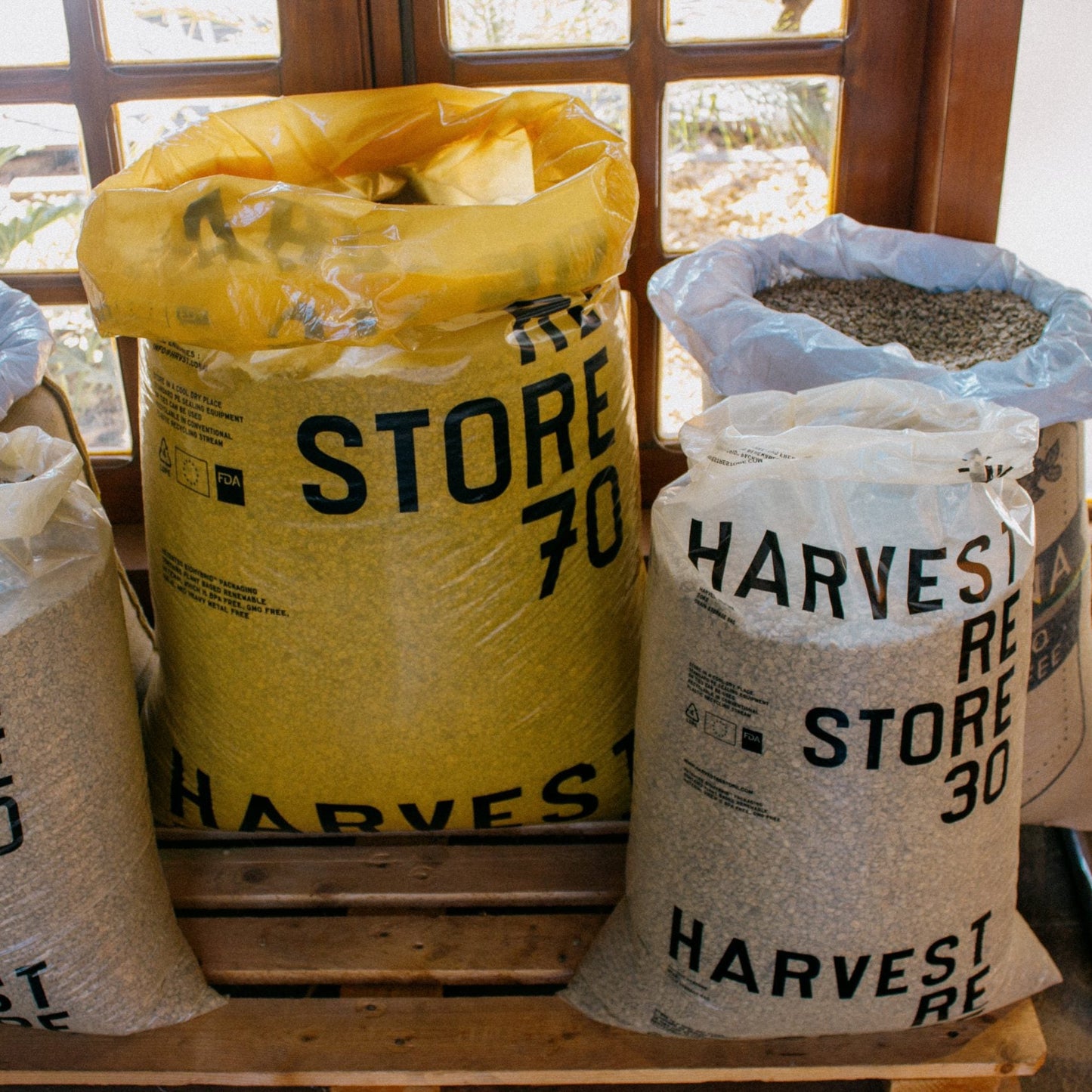 Five bags labeled with storage and harvest information on a wooden pallet.