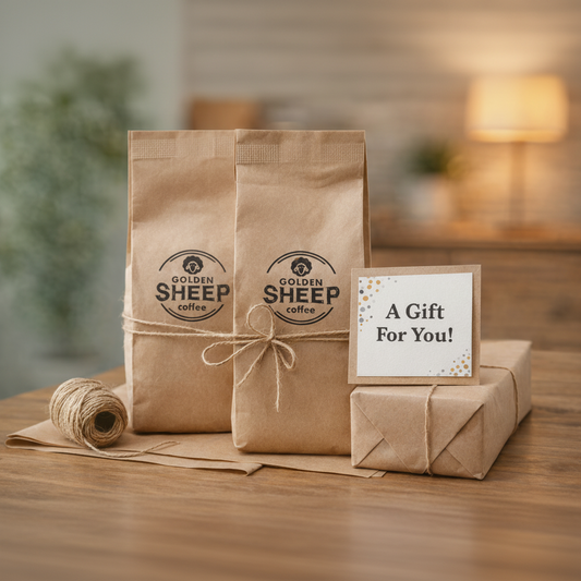 two bags of coffee wrapped with string and a gift card