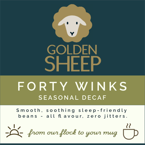 Golden Sheep Forty Winks Seasonal Decaf coffee label on a dark green background