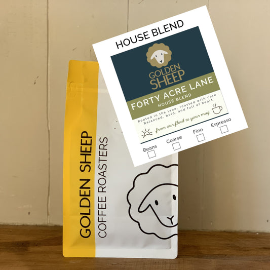 A bag of Golden Sheep Coffee Roasters 'Forty Acre Lane' house blend coffee from Stroud in Gloucestershire