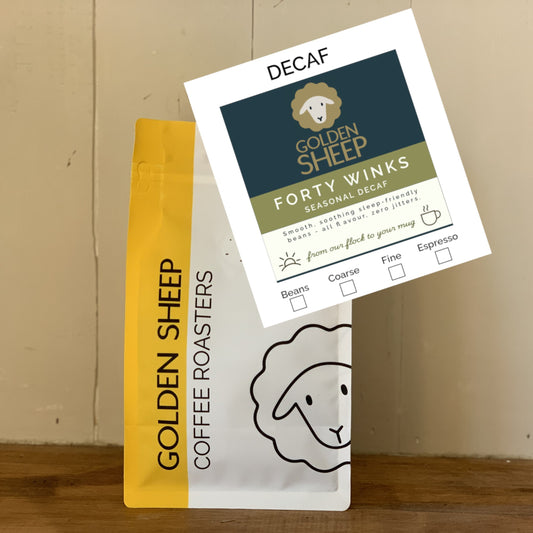 A bag of Forty Winks Golden Sheep Coffee Roasters Decaf with smooth and mellow flavour notes, roasted in Stroud Gloucestershire
