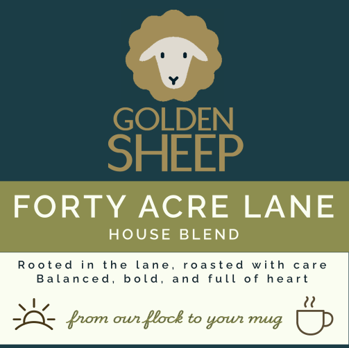 Label for Golden Sheep Forty Acre Lane House Blend coffee with a sheep logo on a blue and green background.