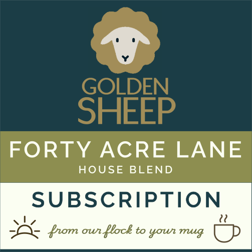 Logo of Golden Sheep Forty Acre Lane with text about a subscription service on a blue and green background.