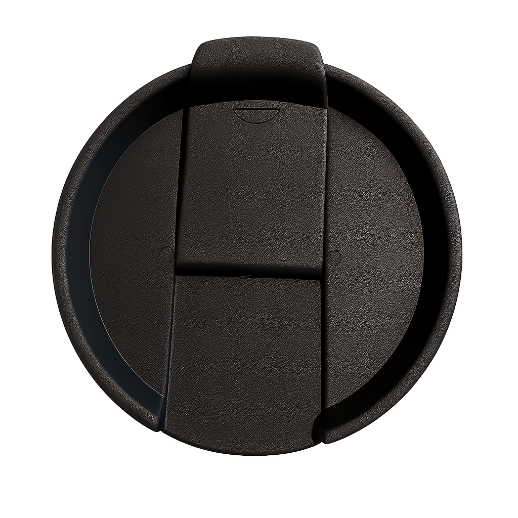 Black round lid with a textured surface on a white background