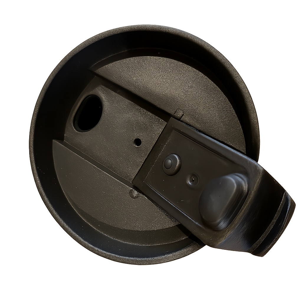 Black plastic lid with a handle on a white background