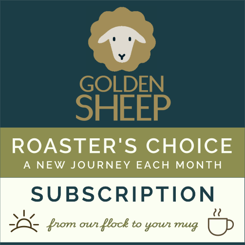 Advertisement for Golden Sheep Roaster's Choice subscription on a blue and green background