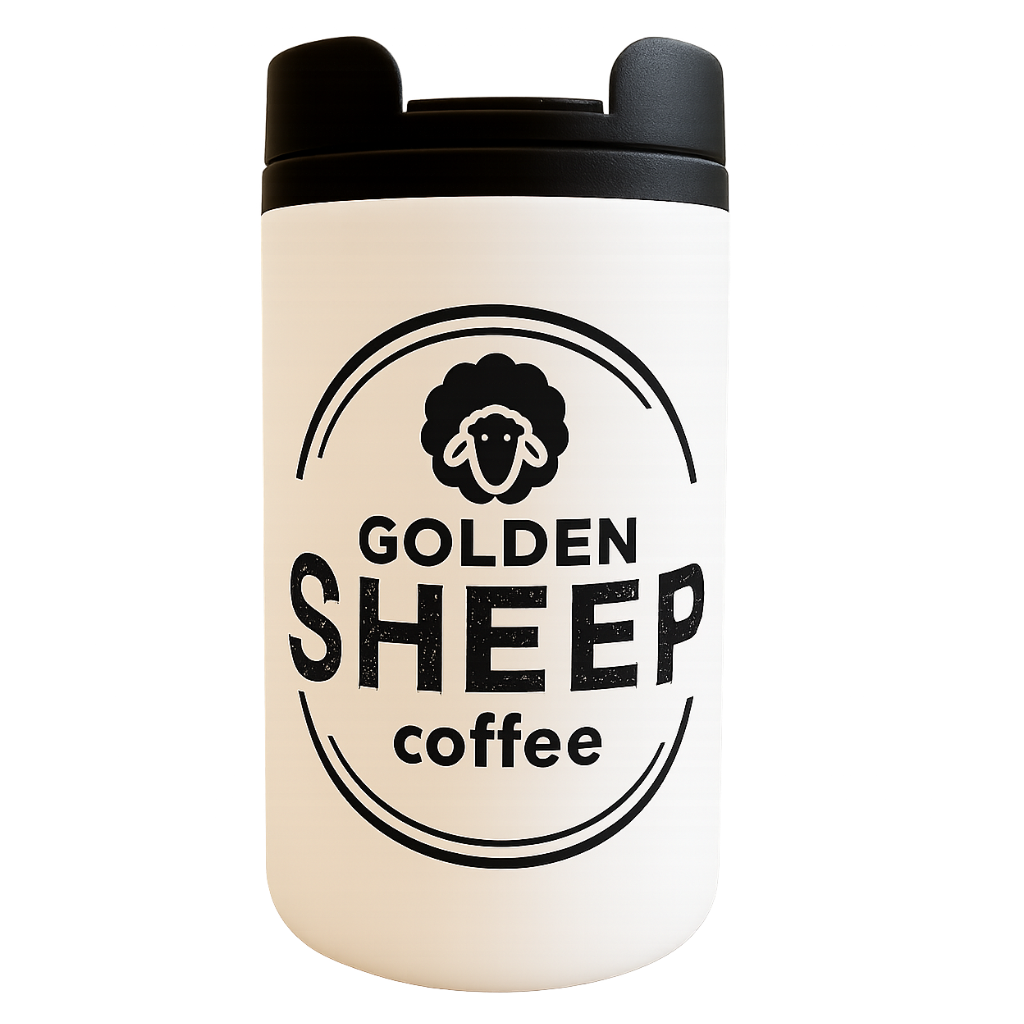 White travel mug with black logo and lid