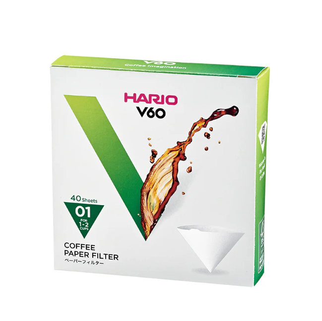 Box of Hario V60 coffee paper filters with a splash graphic on a white background