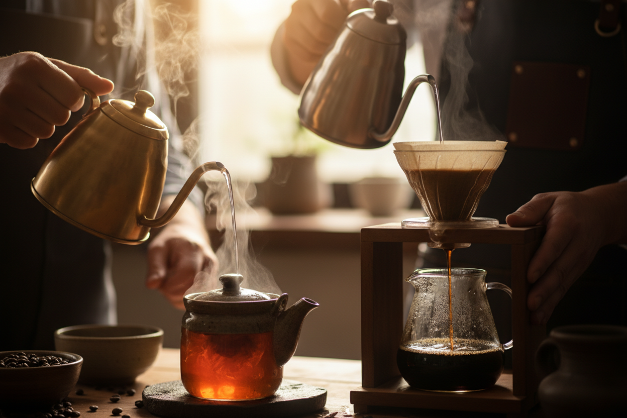 a close up of someone brewing tea and coffee
