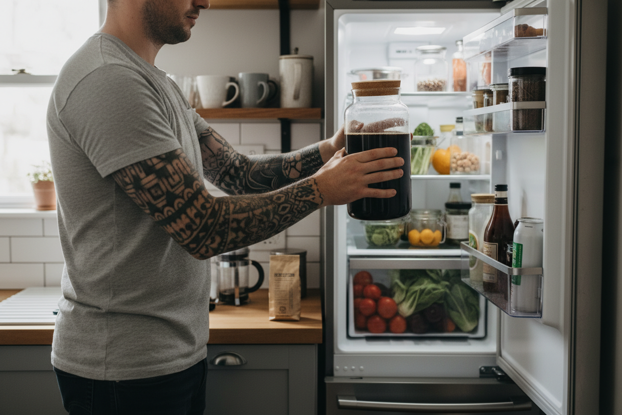 a man with tattoos making cold brew coffee at home, with fridge storage