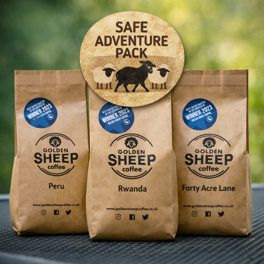 Three Golden Sheep coffee bags with a 'Safe Adventure Pack' sign on a blurred green background