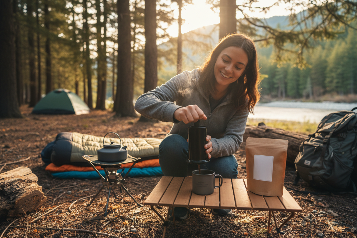 can you create a girl camping and making coffee with an aeropress. make a coffee bag a plain kraft paper type and plain white label - no logo