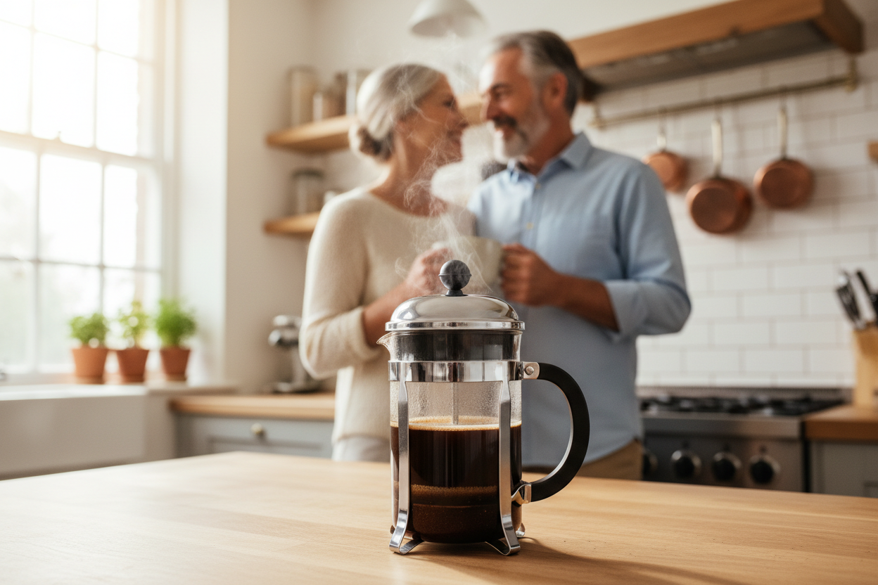 can you generate an image of a mature couple making coffee with a cafetiere being the focal point