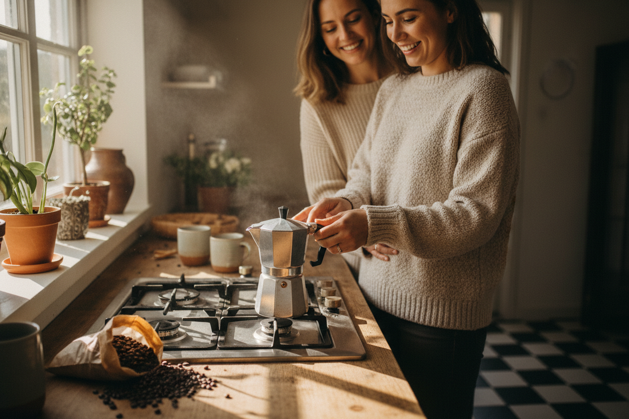 can you make an image of a couple brewing coffee with a moka pot at home