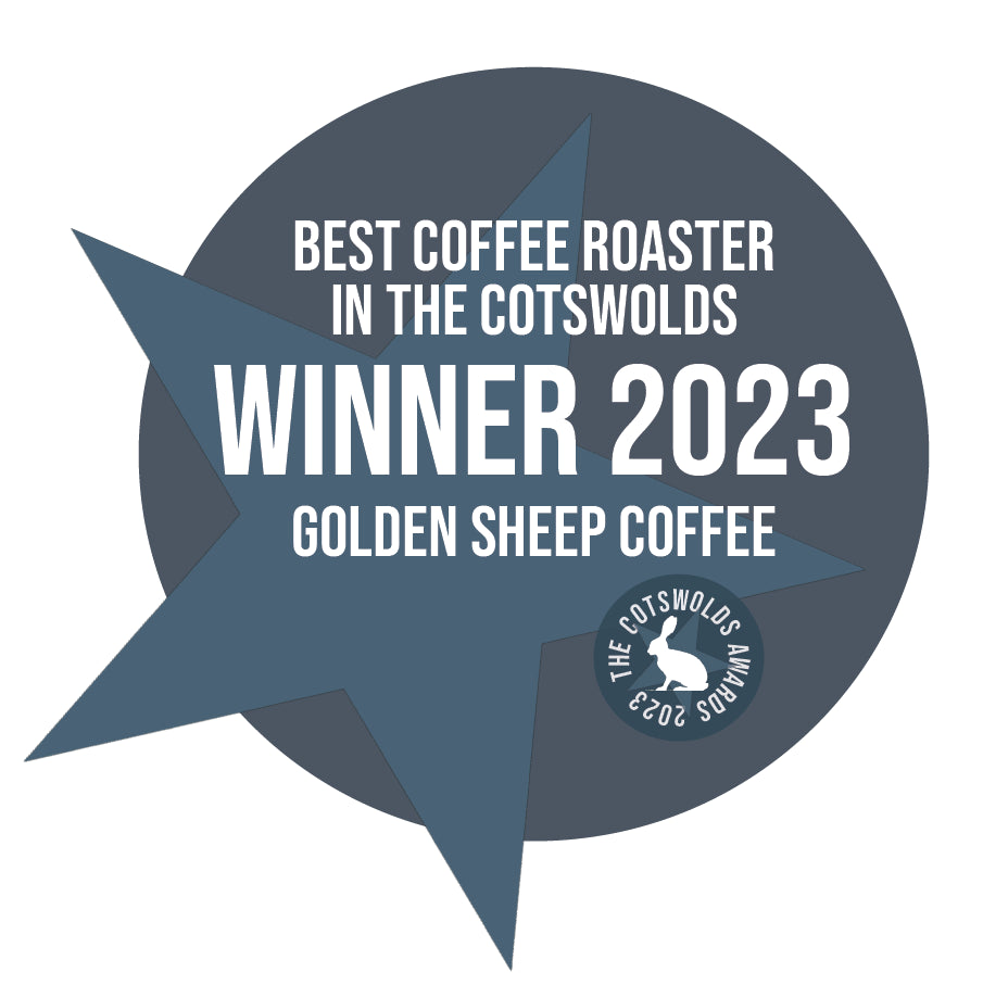 Award badge for Golden Sheep Coffee as the Best Coffee Roaster in the Cotswolds 2023.