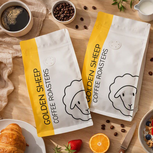 Two bags of Golden Sheep Coffee on a wooden table surrounded by breakfast items such as coffee, a croissant and granola
