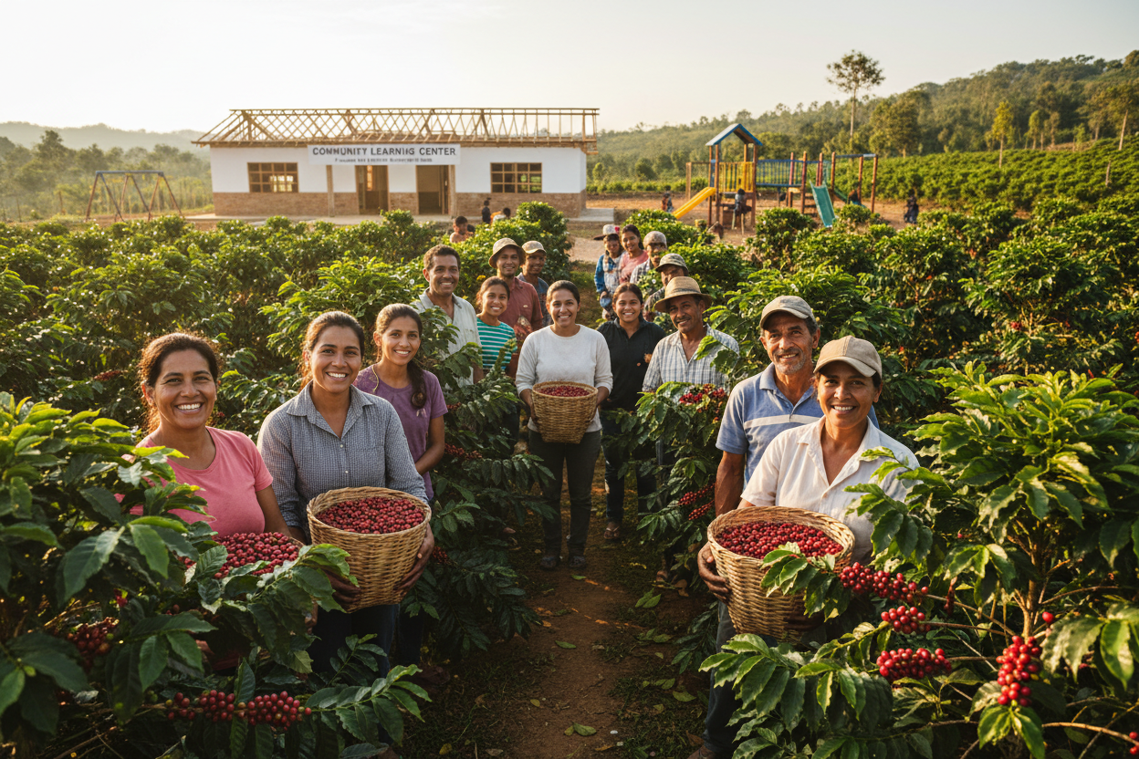ethical coffee sourcing, reinvesting in the farmer and local amenities