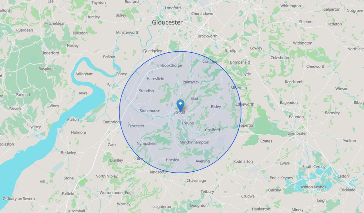 Golden Sheep Coffee free local delivery area circled on a map centred on Stroud, Gloucestershire
