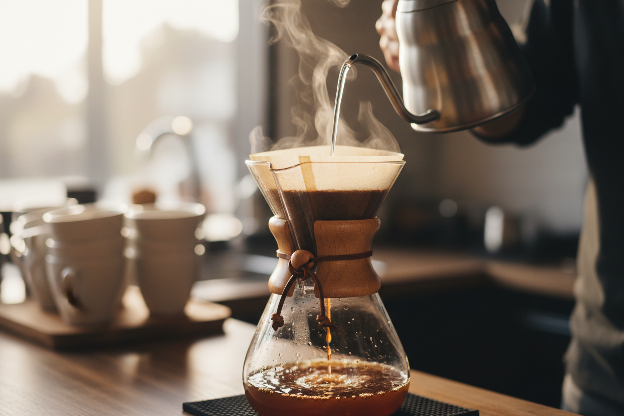 generate an image of someone brewing with a chemex which is the focal point