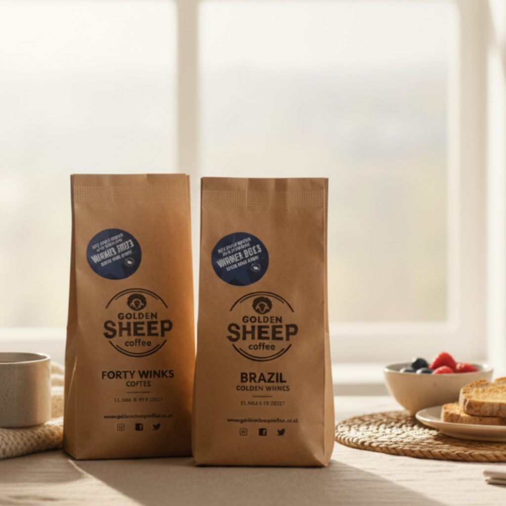 Two bags of Golden Sheep Coffee with a cup and candle on a wooden surface.