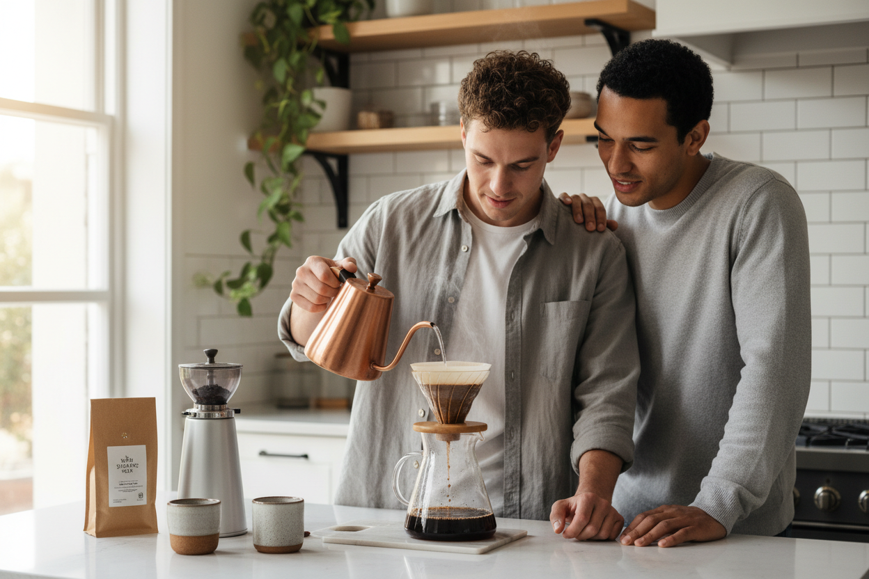 Two men in a kitchen making coffee using a pour-over method.