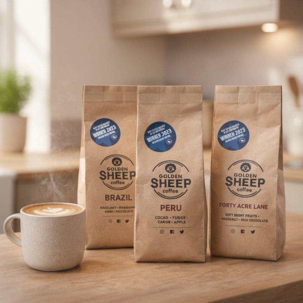 Three bags of Golden Sheep Coffee with a steaming cup on a wooden surface.