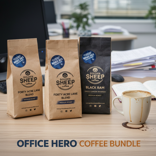 Three coffee bags from Forty Acre Lane and Black Ram on a desk with a cup of coffee.